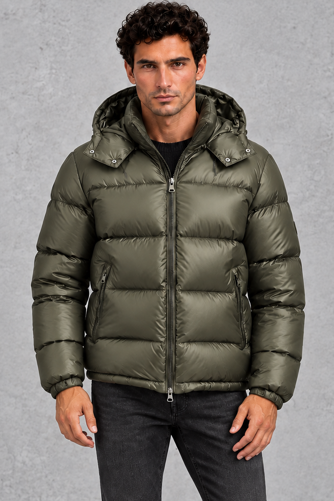 Puffer Jacket Mens Hooded Glossy Quilted Zip Pockets Elasticated Cuffs Boxy Fit - image 6