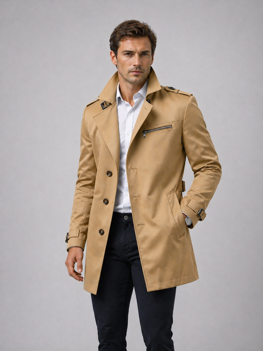 Trench Coat Mens Single Breasted Zip Chest Pocket Epaulettes Buckle Cuffs Mid Length - image 6