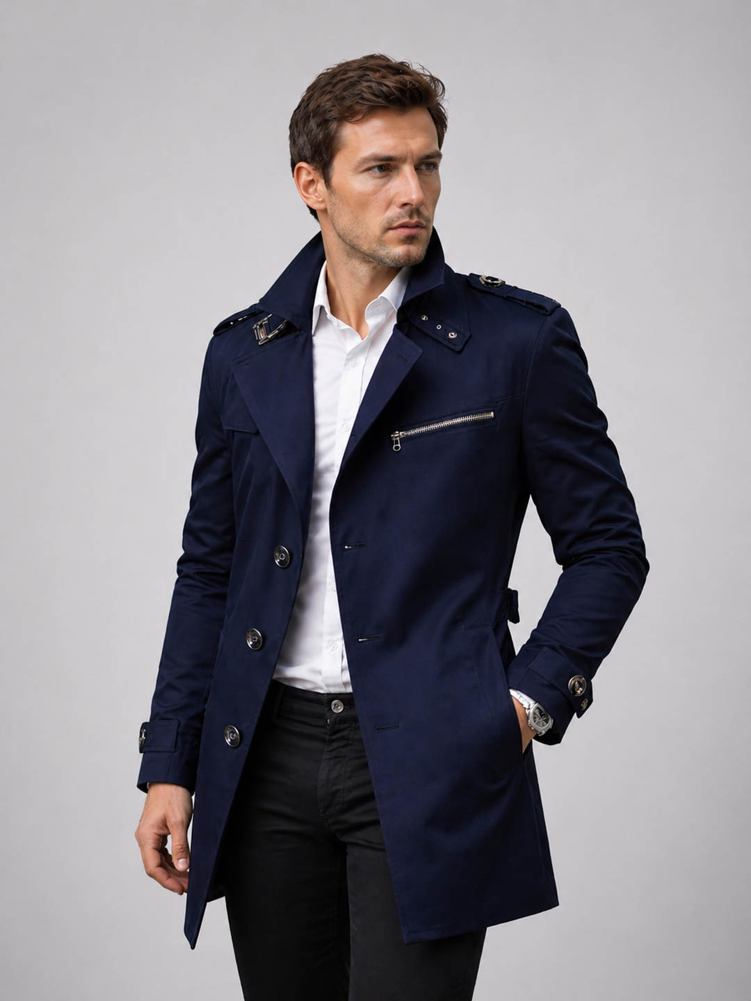 Trench Coat Mens Single Breasted Zip Chest Pocket Epaulettes Buckle Cuffs Mid Length - image 7
