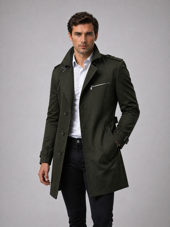 Trench Coat Mens Single Breasted Zip Chest Pocket Epaulettes Buckle Cuffs Mid Length - image 9