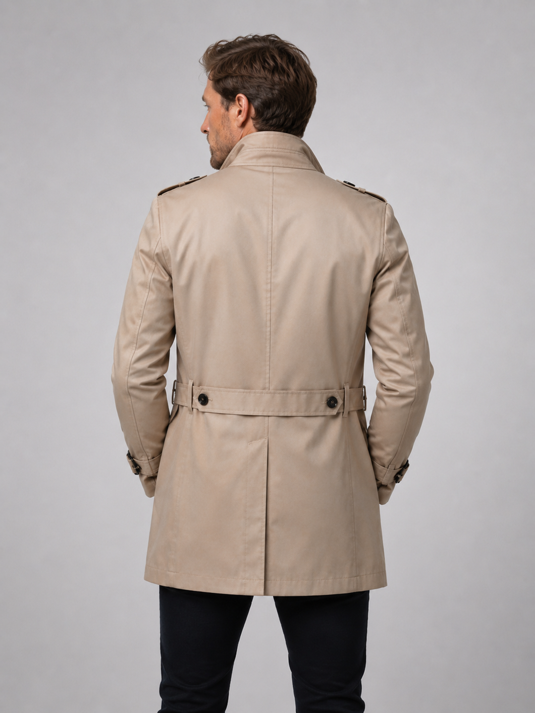 Trench Coat Mens Single Breasted Zip Chest Pocket Epaulettes Buckle Cuffs Mid Length - image 2