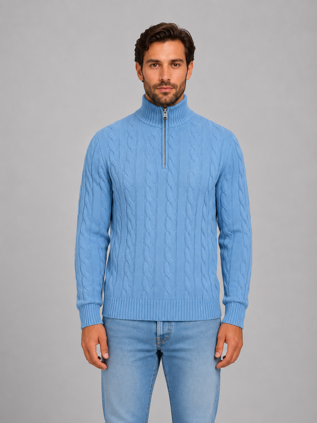 Quarter Zip Jumper Mens Cable Knit Funnel Neck Ribbed Cuffs Regular Fit - image 7