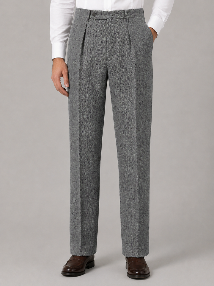 Pleated Trousers Mens Herringbone High Waisted Straight Leg Tailored Belt Loops - image 1