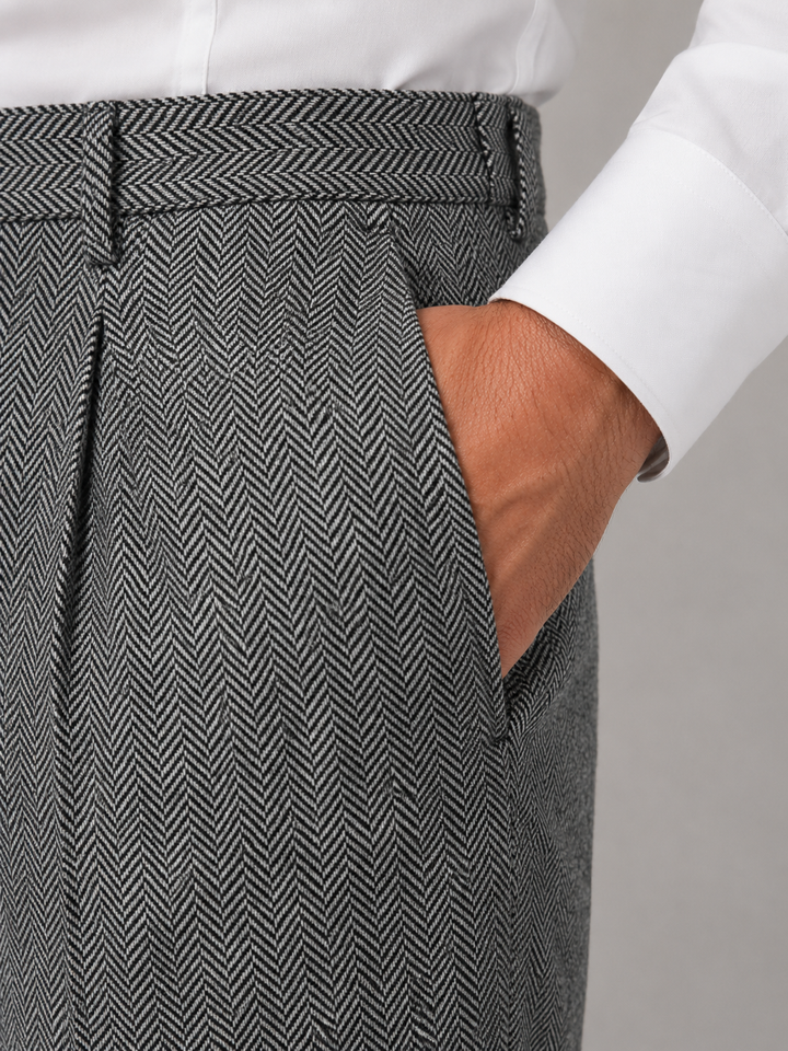 Pleated Trousers Mens Herringbone High Waisted Straight Leg Tailored Belt Loops - image 3