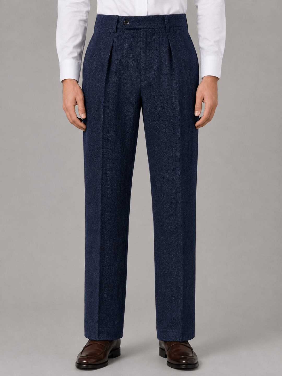 Pleated Trousers Mens Herringbone High Waisted Straight Leg Tailored Belt Loops - image 6