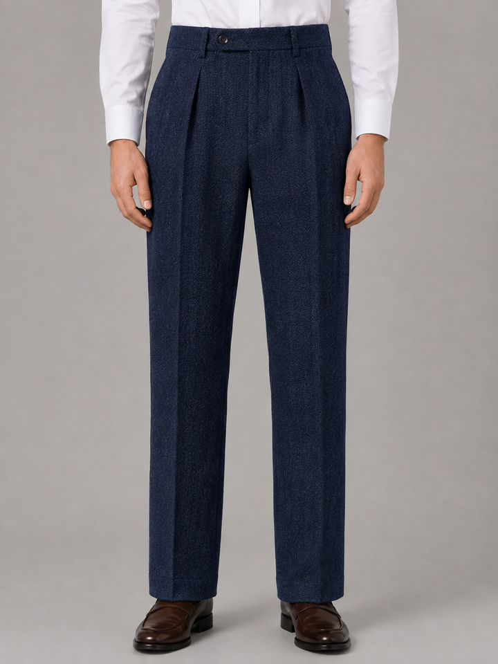 Pleated Trousers Mens Herringbone High Waisted Straight Leg Tailored Belt Loops - image 6
