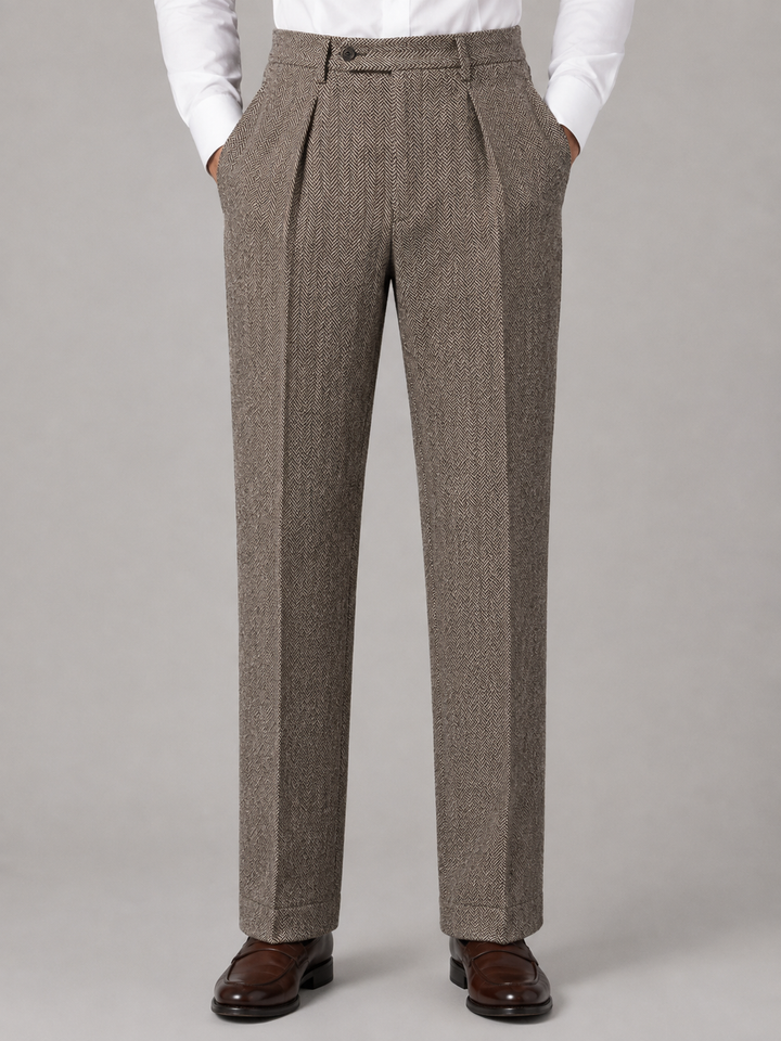 Pleated Trousers Mens Herringbone High Waisted Straight Leg Tailored Belt Loops - image 5