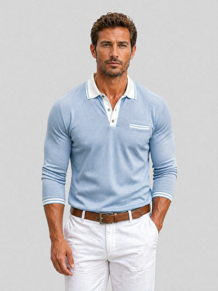 Long Sleeve Polo Shirt Mens Knitted Contrast Collar Tipped Cuffs Smart Casual - image 1