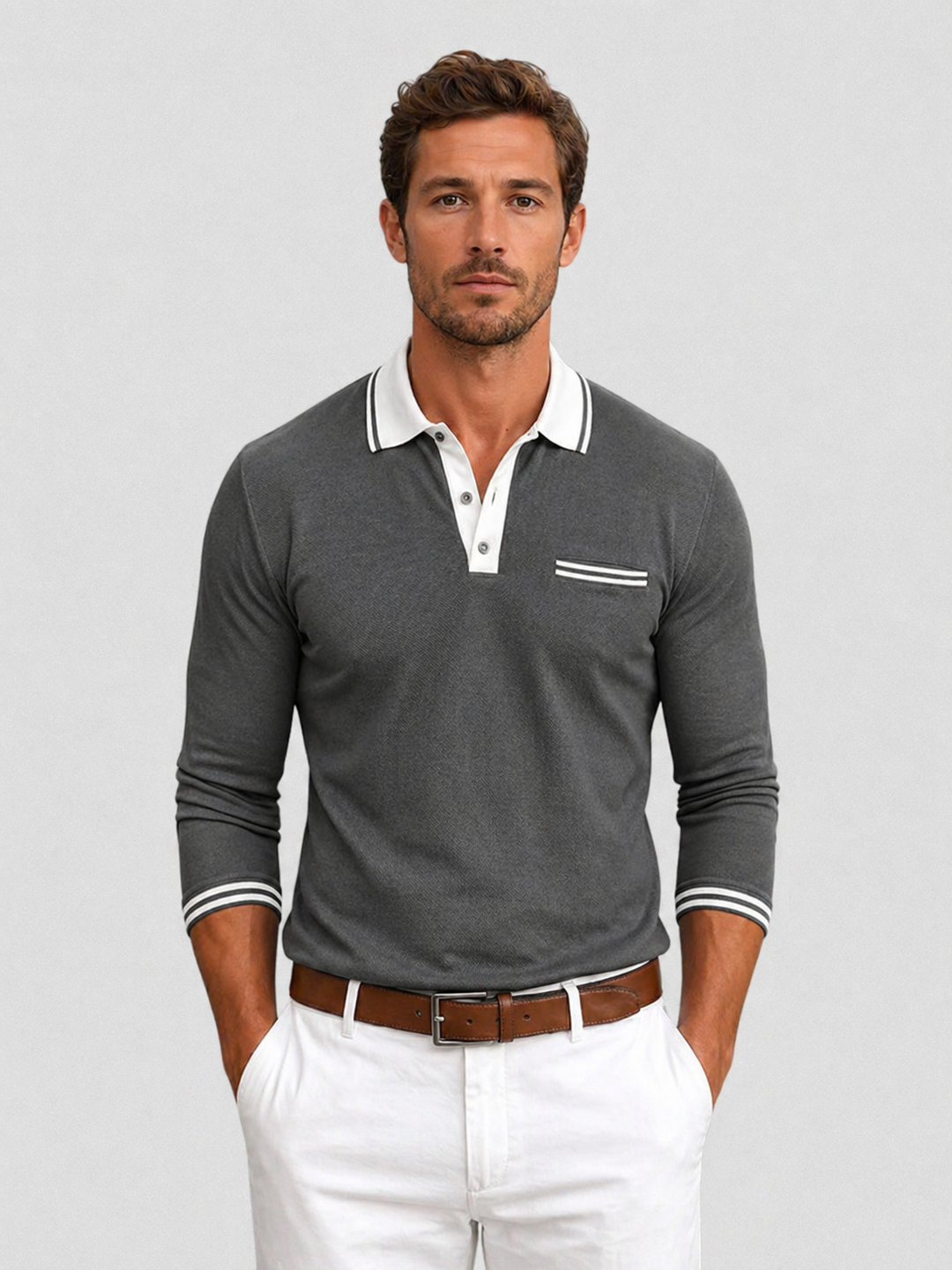 Long Sleeve Polo Shirt Mens Knitted Contrast Collar Tipped Cuffs Smart Casual - image 4
