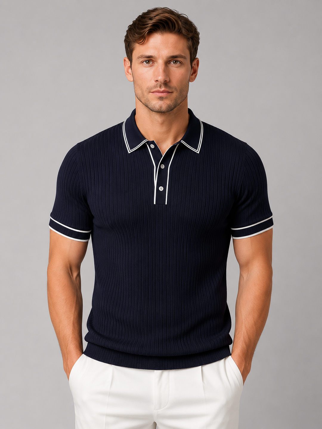 Knit Polo Shirt Mens Ribbed Short Sleeve Contrast Tipped Collar Tailored Fit Layering - image 1