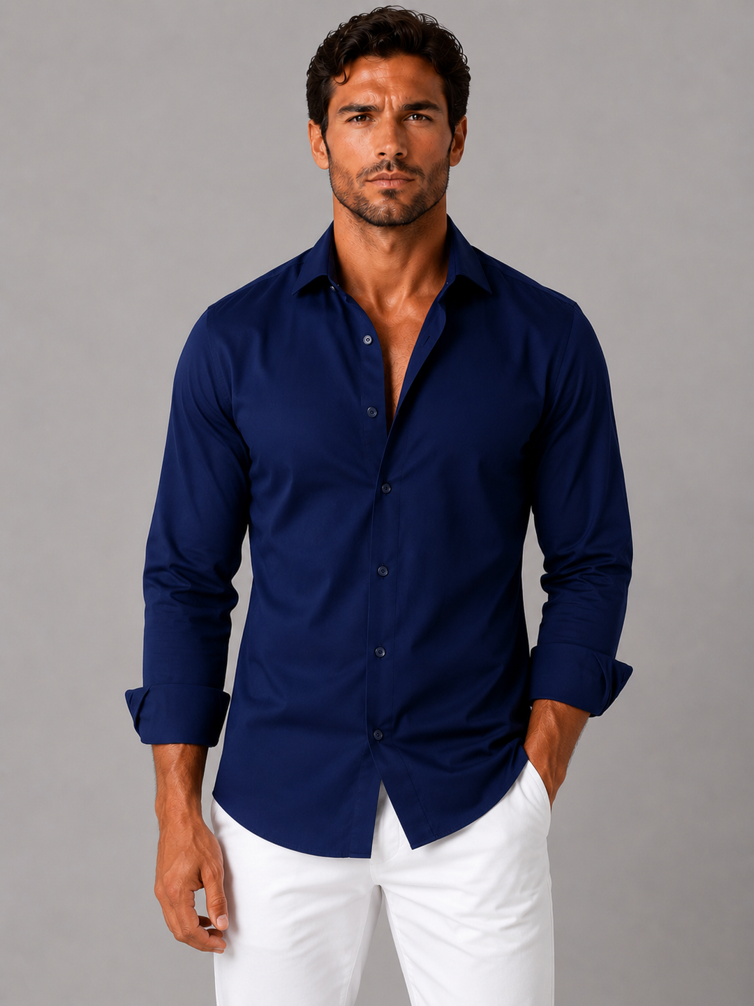 Formal Shirt Mens Slim Fit Stretch Long Sleeve Button Up Business Office - image 4