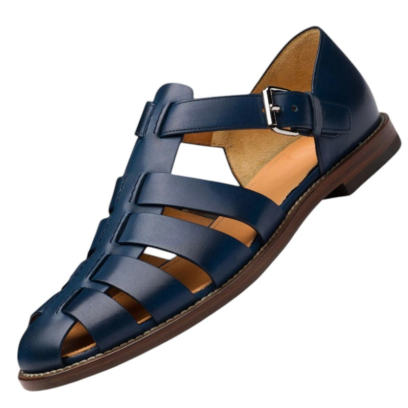jardi-4 navy blue leather fisherman sandals with buckle strap, closed toe, and contrast stitching on a low sole.