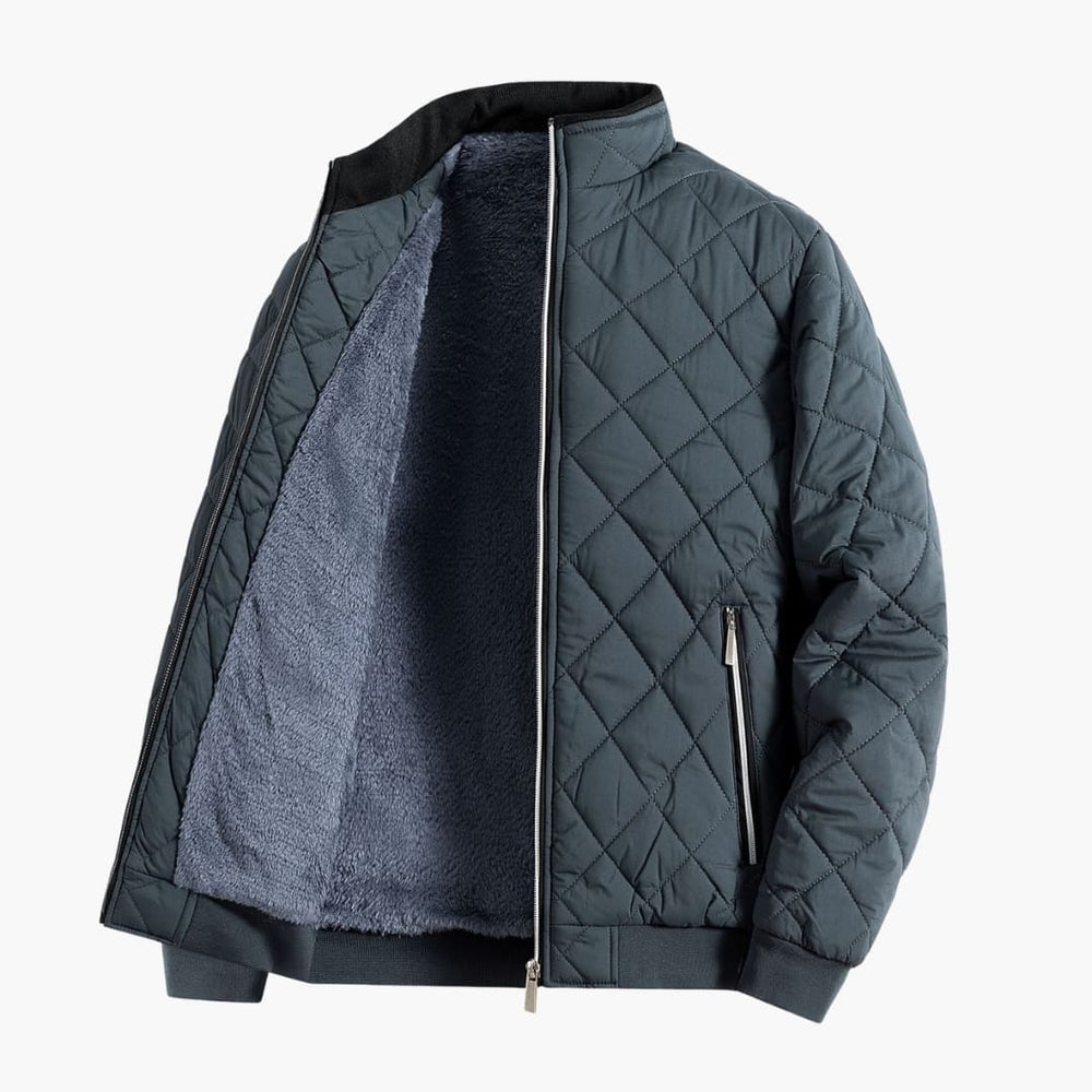 Quilted Jacket Mens Fleece Lined Stand Collar Zip Front Diamond Quilt Ribbed Cuffs Hem - image 2