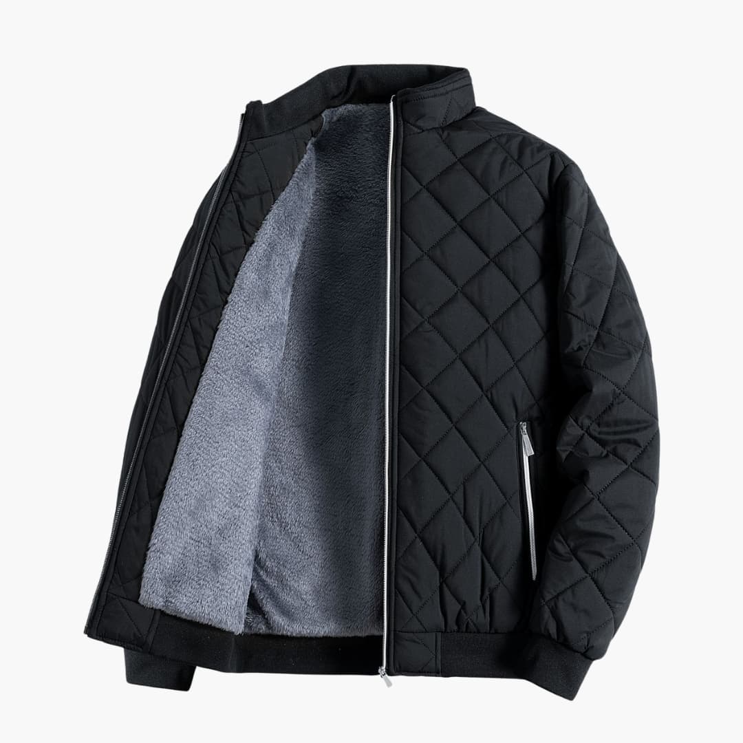 Quilted Jacket Mens Fleece Lined Stand Collar Zip Front Diamond Quilt Ribbed Cuffs Hem - image 1