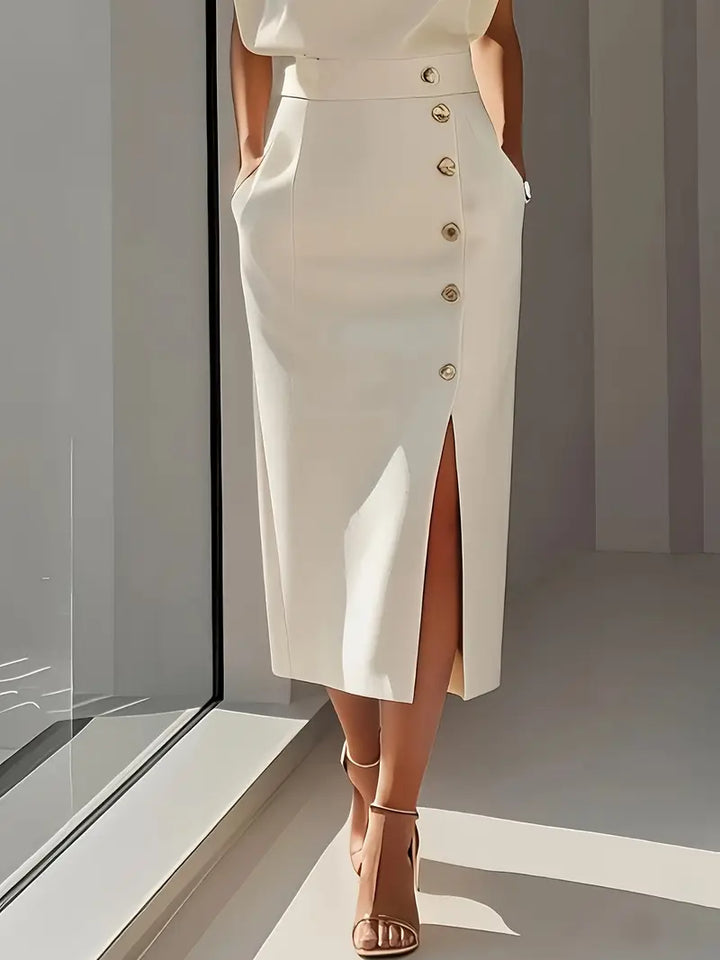 Button Midi Skirt Womens High Waist Side Split - image 7