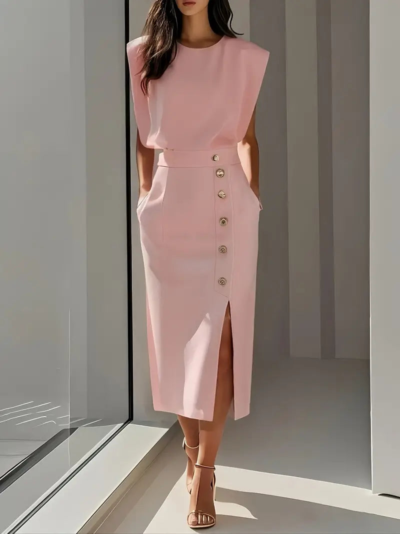 Button Midi Skirt Womens High Waist Side Split - image 2