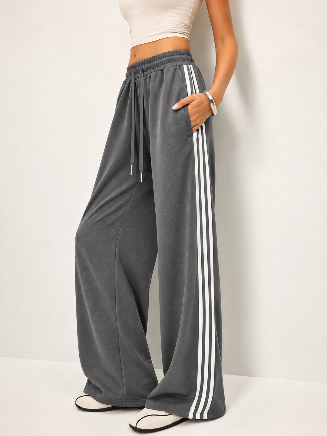 Wide Leg Joggers Womens Side Stripe Elasticated Drawstring Waist Relaxed Fit Full Length