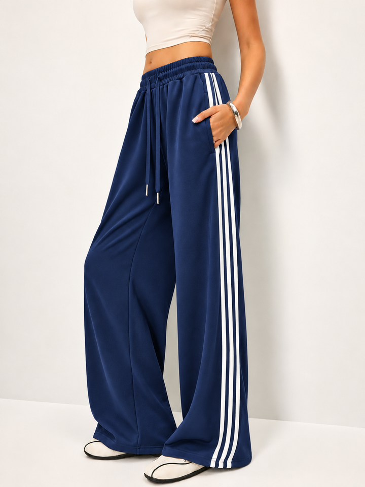 Wide Leg Joggers Womens Side Stripe Elasticated Drawstring Waist Relaxed Fit Full Length