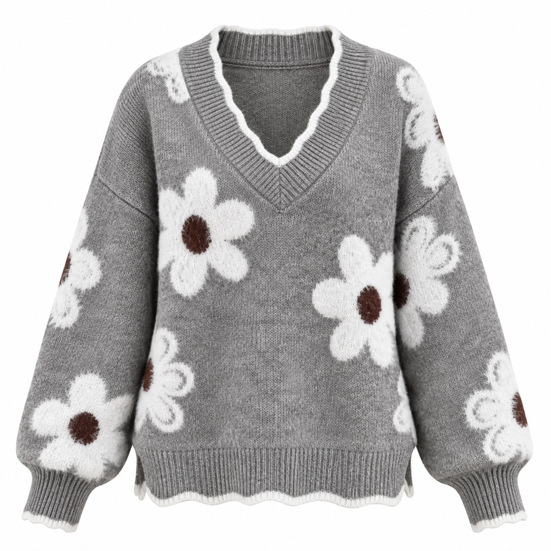 Floral Jumper Womens V Neck Knit Flower Pattern Scalloped Trim - image 2