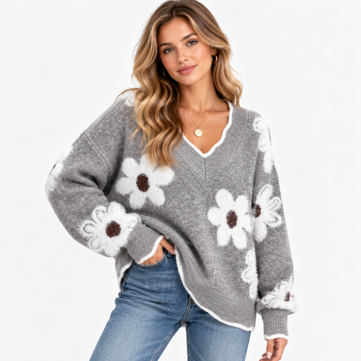Floral Jumper Womens V Neck Knit Flower Pattern Scalloped Trim - image 1