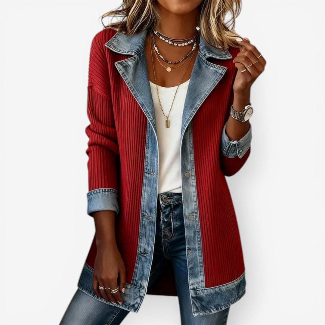 Denim Jacket Womens Ribbed Knit Panels Layered Collar Longline - image 7
