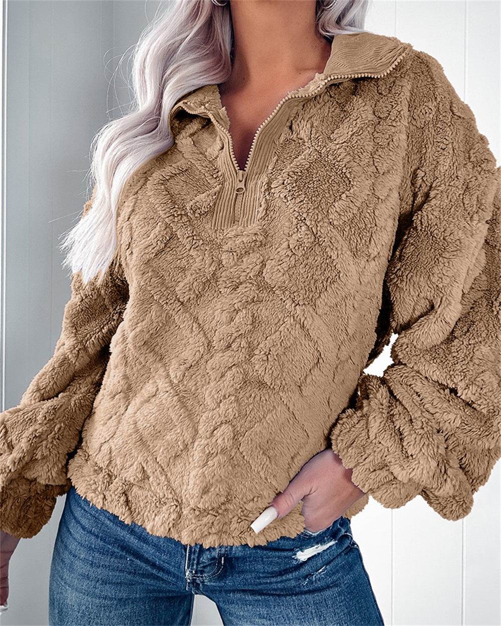 Half Zip Fleece Jumper Womens Textured Pullover Collar Relaxed - image 5