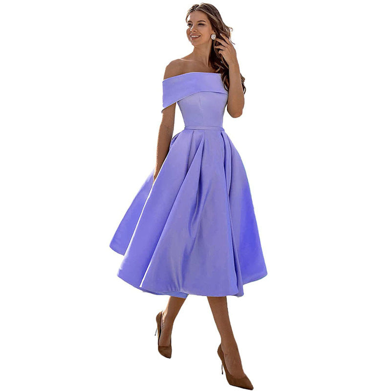 Off The Shoulder Dress Womens Bardot Satin Midi Pleated Skater Wedding Guest Party - image 7