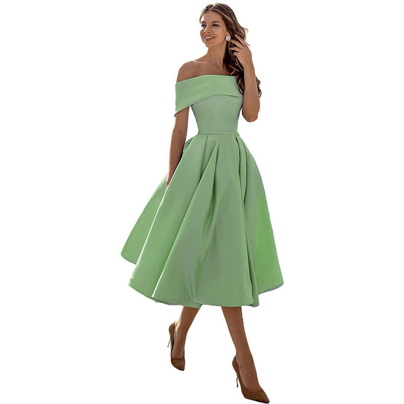 Off The Shoulder Dress Womens Bardot Satin Midi Pleated Skater Wedding Guest Party - image 4