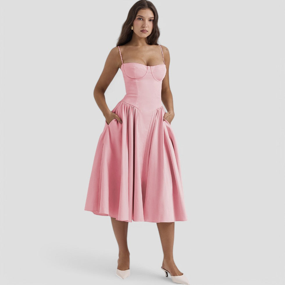 Corset Midi Dress Womens Fit and Flare Adjustable Straps Occasion - image 3