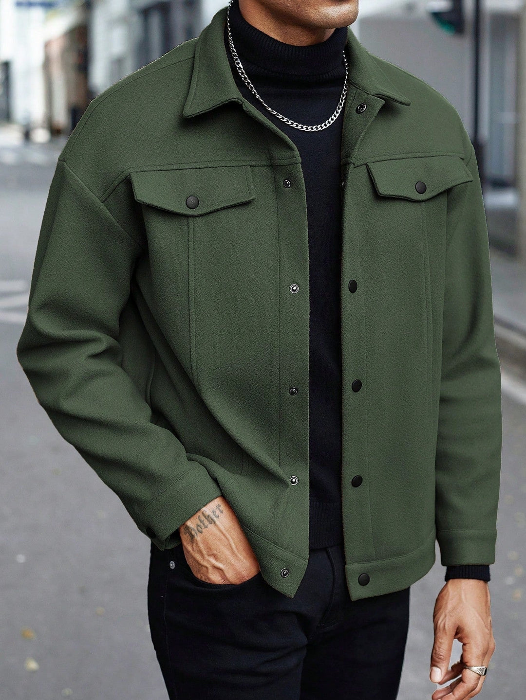 Trucker Jacket Mens Wool Look Snap Button Front Flap Chest Pockets Point Collar Relaxed Fit - image 5