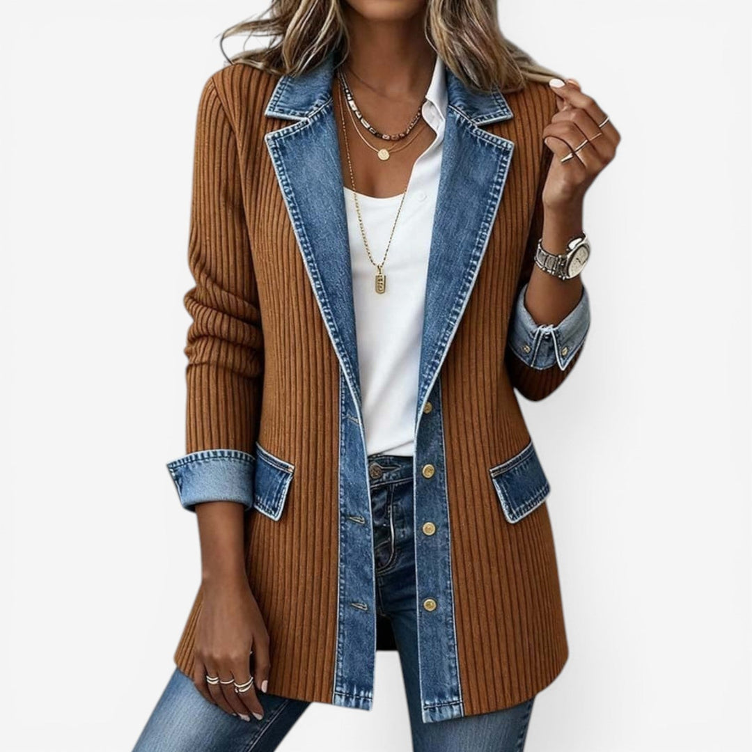 Denim Jacket Womens Ribbed Knit Panels Layered Collar Longline - image 6