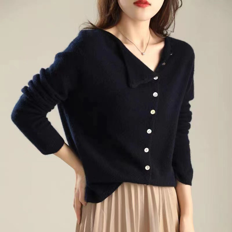 Cardigan Womens Asymmetric Button Front Fold Over Neckline Fine Knit Long Sleeve - image 4