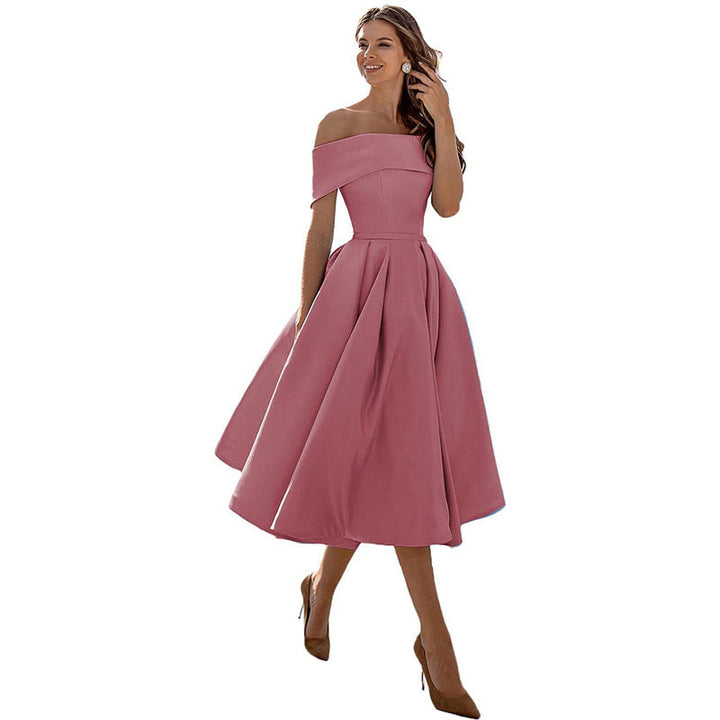 Off The Shoulder Dress Womens Bardot Satin Midi Pleated Skater Wedding Guest Party - image 1