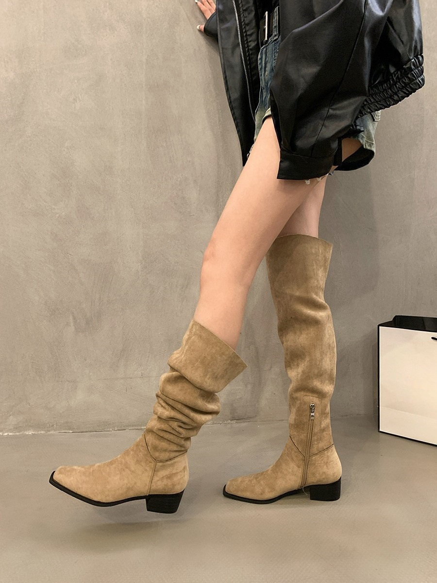 Slouch Boots Womens Knee High Flat Pointed Toe Suede Effect Side Zip - image 1