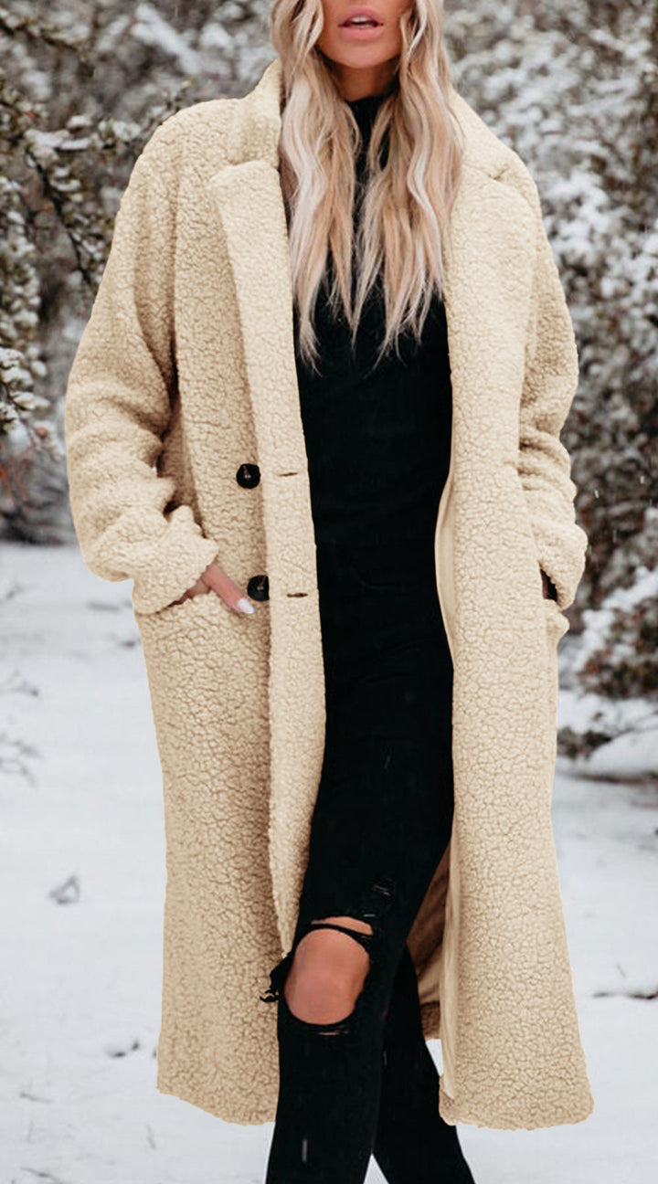 Teddy Coat Womens Long Fleece Button Front Notch Lapel Pockets - image 3