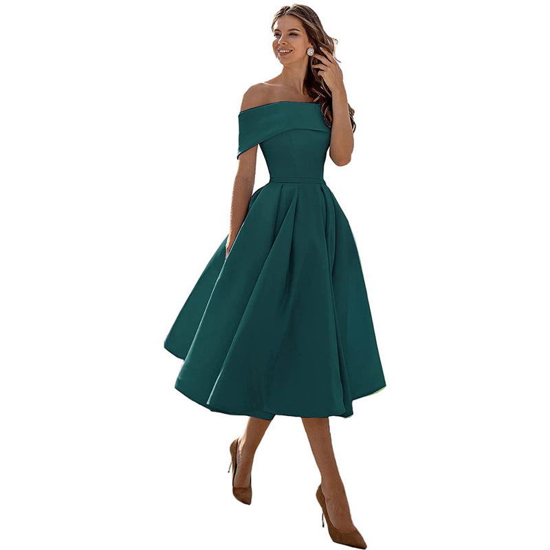 Off The Shoulder Dress Womens Bardot Satin Midi Pleated Skater Wedding Guest Party - image 2