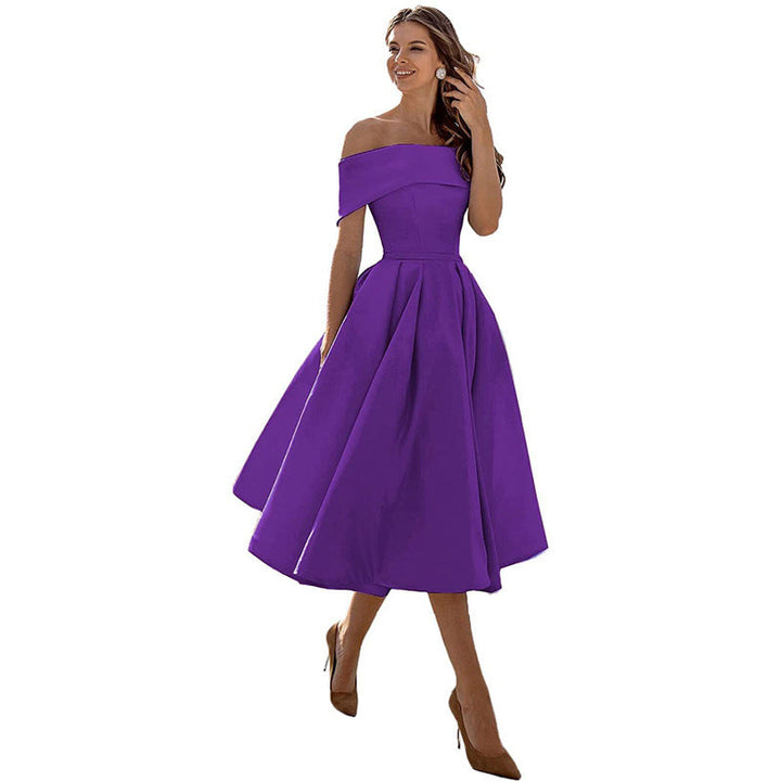 Off The Shoulder Dress Womens Bardot Satin Midi Pleated Skater Wedding Guest Party - image 10