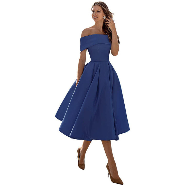 Off The Shoulder Dress Womens Bardot Satin Midi Pleated Skater Wedding Guest Party - image 8