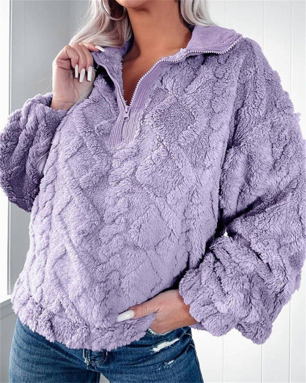 Half Zip Fleece Jumper Womens Textured Pullover Collar Relaxed - image 7