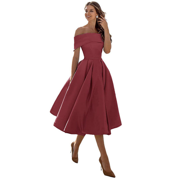 Off The Shoulder Dress Womens Bardot Satin Midi Pleated Skater Wedding Guest Party - image 14