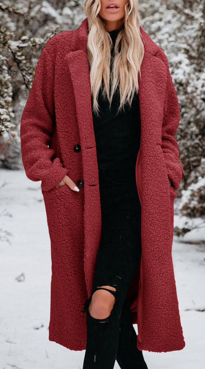 Teddy Coat Womens Long Fleece Button Front Notch Lapel Pockets - image 5
