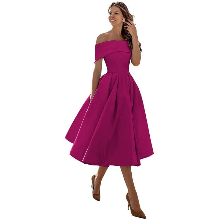 Off The Shoulder Dress Womens Bardot Satin Midi Pleated Skater Wedding Guest Party - image 12