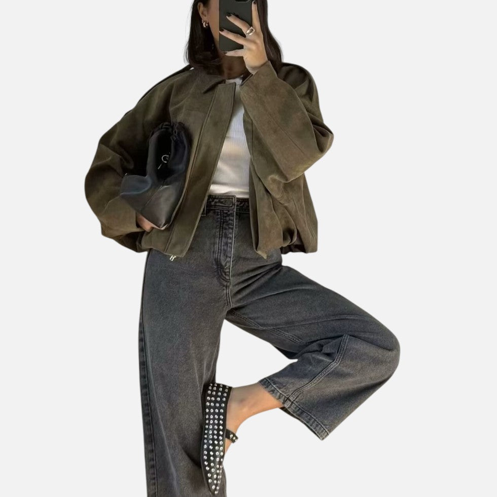 Faux Suede Jacket Womens Cropped Oversized Zip Front Collared - image 3