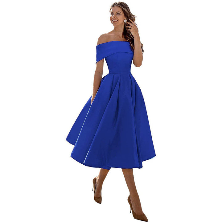 Off The Shoulder Dress Womens Bardot Satin Midi Pleated Skater Wedding Guest Party - image 13