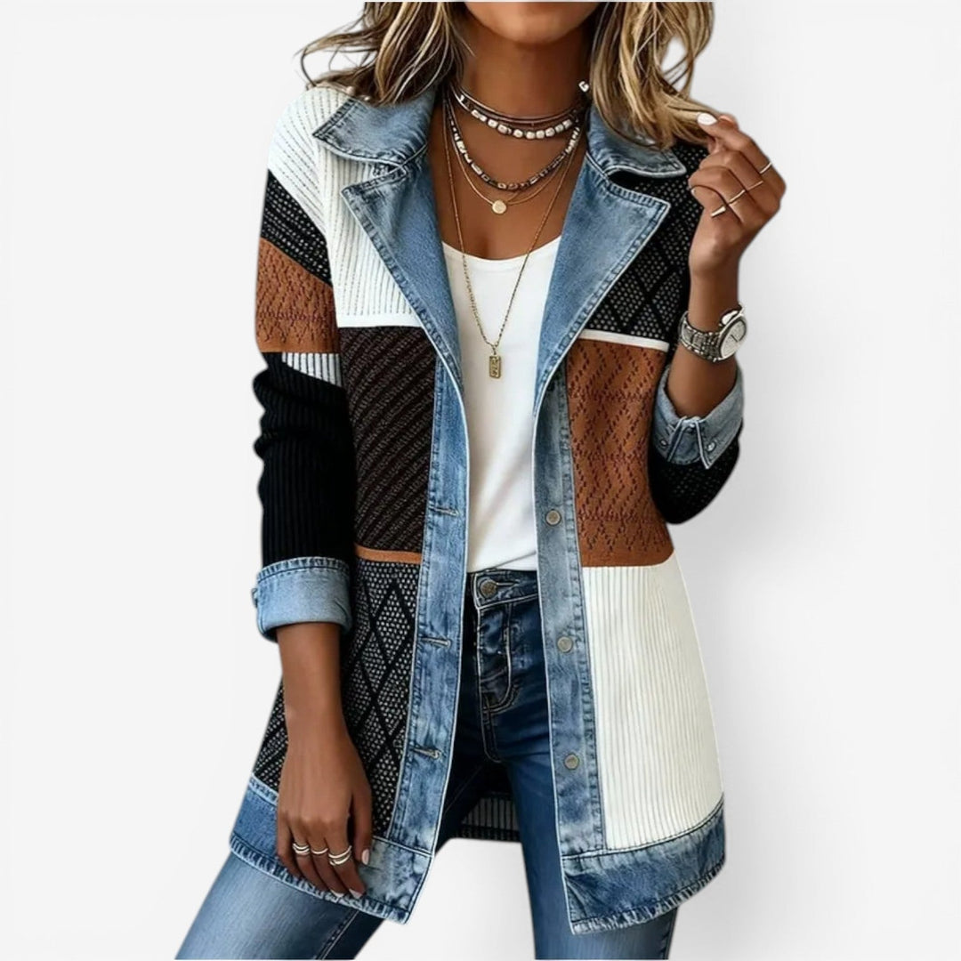 Denim Jacket Womens Ribbed Knit Panels Layered Collar Longline - image 5