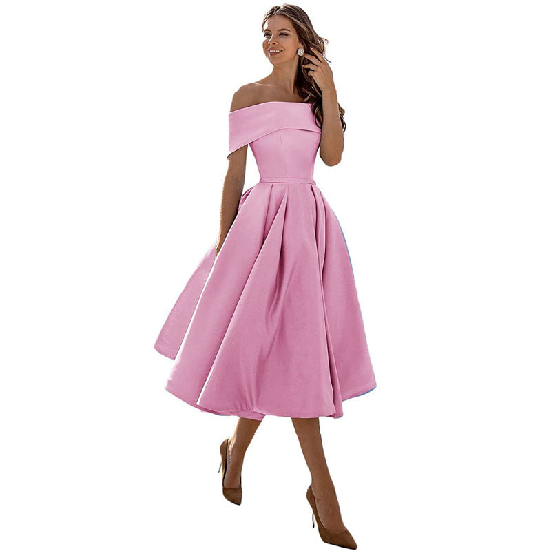 Off The Shoulder Dress Womens Bardot Satin Midi Pleated Skater Wedding Guest Party - image 9