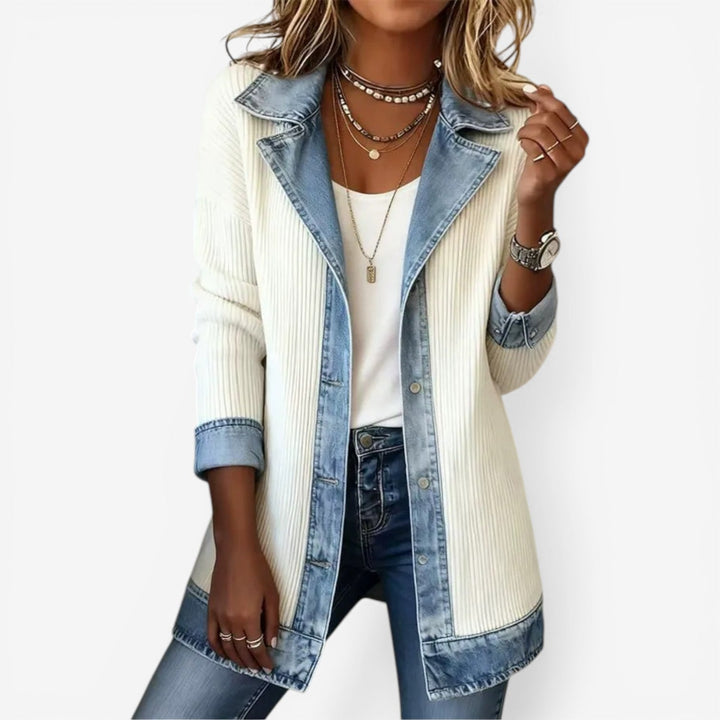 Denim Jacket Womens Ribbed Knit Panels Layered Collar Longline - image 3