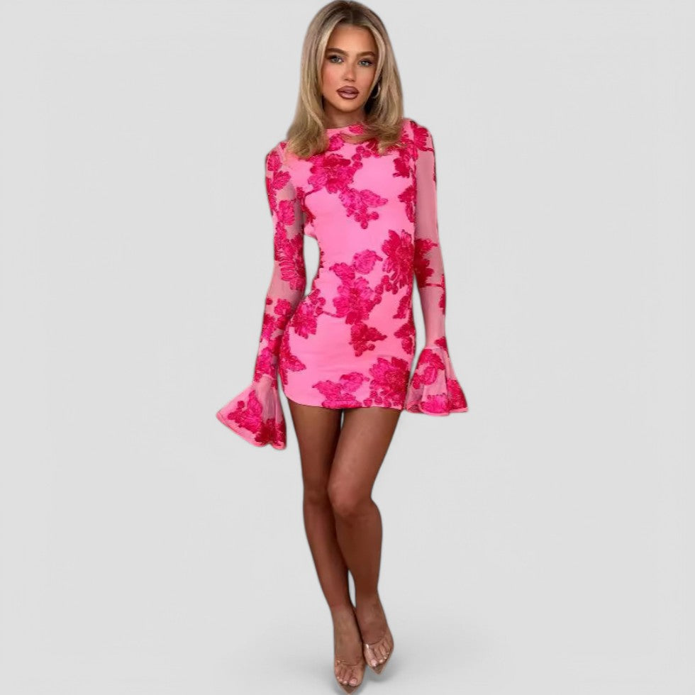 Mini Dress Womens Floral Mesh Bell Sleeve Embroidered Bodycon - image 2
