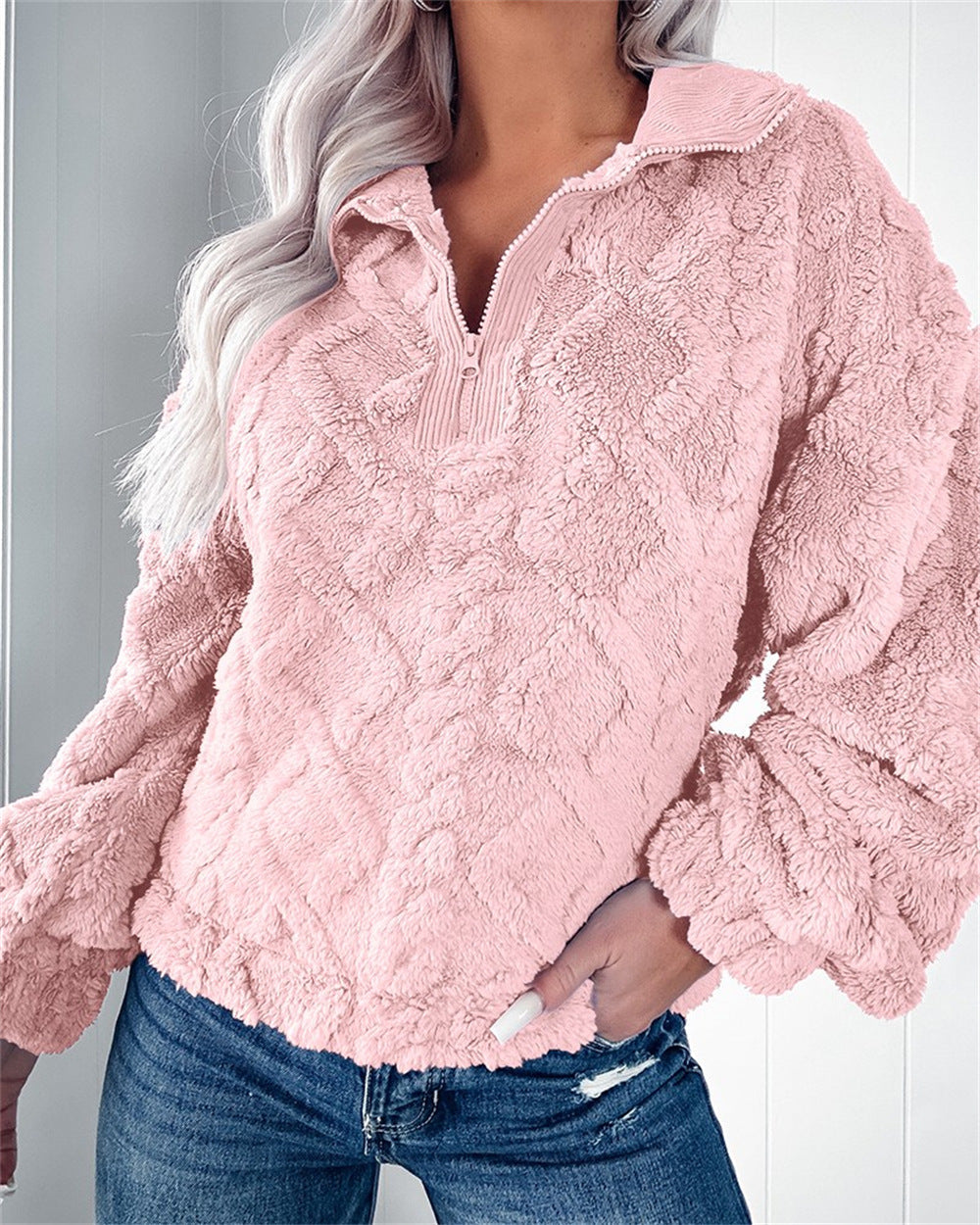 Half Zip Fleece Jumper Womens Textured Pullover Collar Relaxed - image 9