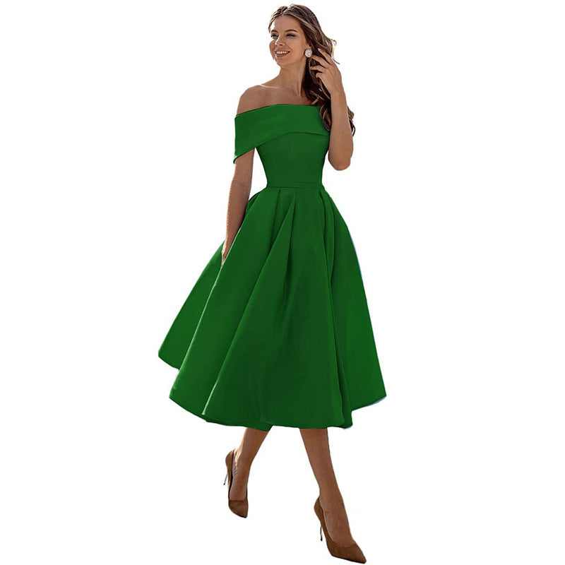 Off The Shoulder Dress Womens Bardot Satin Midi Pleated Skater Wedding Guest Party - image 3